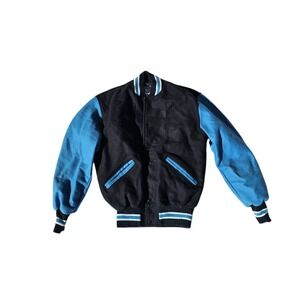 Vintage Men's Size Medium Delongi Blue & Navy Wool Blend Varsity Snaps Up Jacket